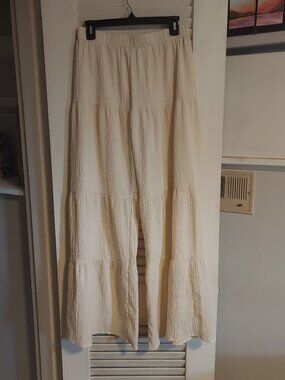 SHEIN Cream Textured Boho Pants Size L | Elastic Waist Relaxed Fit